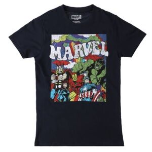 MARVEL T-shirt Retro Superhero Graphic Distressed Print Short Sleeve Black New